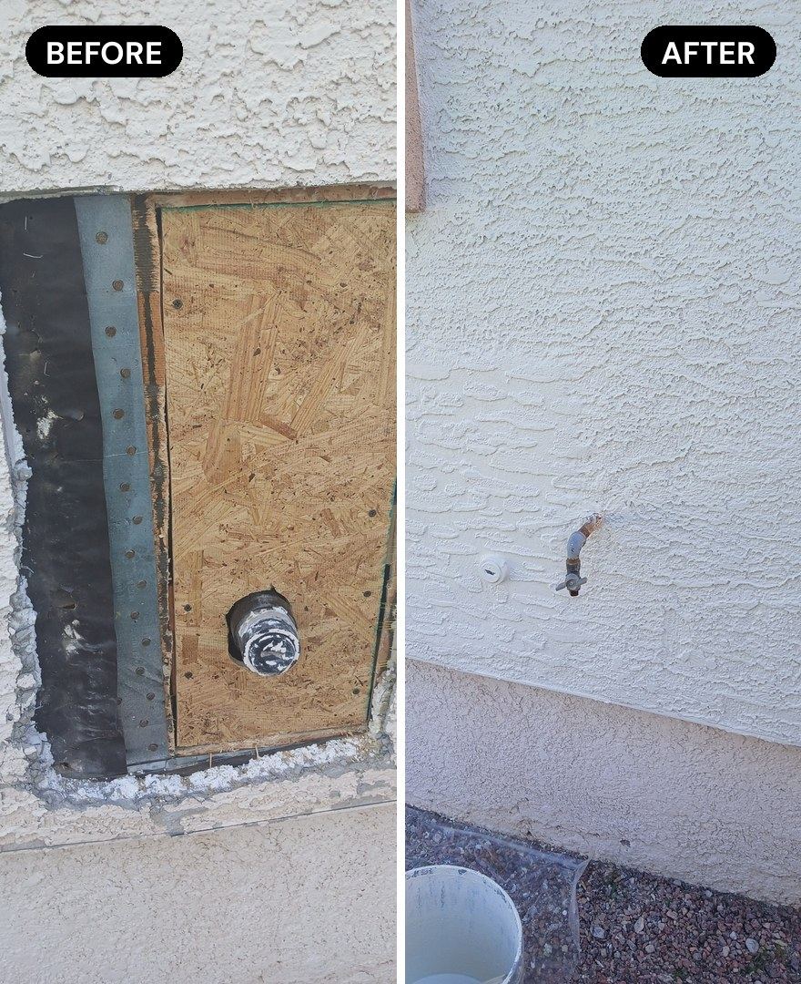 Side-by-side stucco repair showing the cut-open wall before and the patched, painted finish after